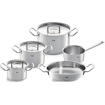 Fissler Original Profi Collection Stainless Steel Saucepan Set of 5 Saucepans with Metal Lid (3 Saucepans Including Lid, 1 Serving Pan and 1 Saucepan) Induction Fissler Original Profi Collection Stainless Steel Saucepan Set of 5 Saucepans with Metal Lid (3 Saucepans Including Lid, 1 Serving Pan and 1 Saucepan) Induction
