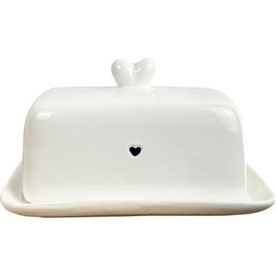 Alfie Francis Imperfect Glaze Blue Heart White Ceramic Butter Storage Dish with Covered Lid Alfie Francis Imperfect Glaze Blue Heart White Ceramic Butter Storage Dish with Covered Lid