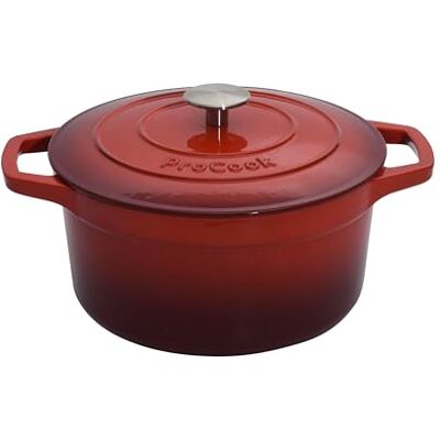 ProCook Red Cast Iron Round Casserole Dish with Self Basting Lid Enamel Coated Induction Compatible Modern Classic Cookware 24cm / 4.7L ProCook Red Cast Iron Round Casserole Dish with Self Basting Lid Enamel Coated Induction Compatible Modern Classic Cookware 24cm / 4.7L