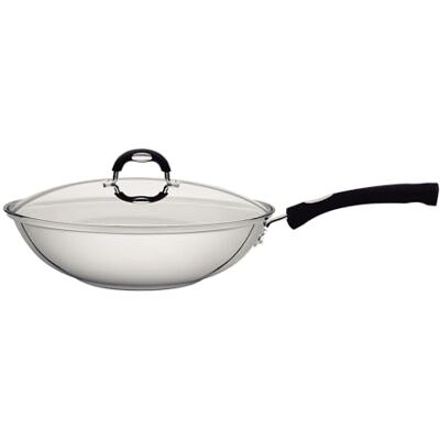 Tramontina Stainless Steel Wok with Glass Lid 28 cm (3.3 Litre) Induction-Ready Silicone Comfortable Handles Dishwasher-Safe 62138/280 Tramontina Stainless Steel Wok with Glass Lid 28 cm (3.3 Litre) Induction-Ready Silicone Comfortable Handles Dishwasher-Safe 62138/280