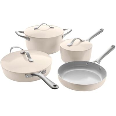 ProCook Soho Sandstone Cookware Set Ceramic Non Stick PFAS Free Aluminium Induction and Oven Safe 4 Piece Pots and Pans Set 18cm 24cm 26cm ProCook Soho Sandstone Cookware Set Ceramic Non Stick PFAS Free Aluminium Induction and Oven Safe 4 Piece Pots and Pans Set 18cm 24cm 26cm