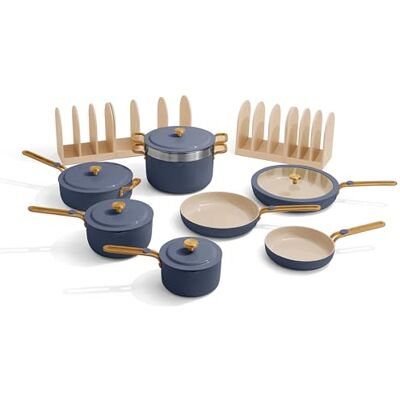 Our Place 17-Piece Essentials Complete Cookware Set Ceramic Fry Pans, Saucepans, Sauté Pan, Stock Pot, Strainer Basket & Modular Storage Thermakind™ Nonstick, Oven Safe up to 230°C Blue Salt Our Place 17-Piece Essentials Complete Cookware Set Ceramic Fry Pans, Saucepans, Sauté Pan, Stock Pot, Strainer Basket & Modular Storage Thermakind™ Nonstick, Oven Safe up to 230°C Blue Salt