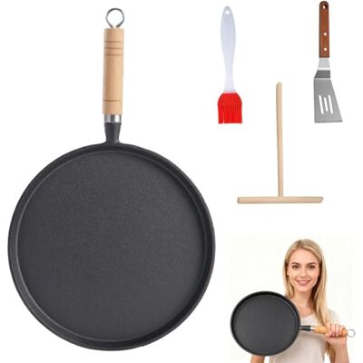 YBLUE Non Stick Crepe Pan, 26cm Dosa Pan with Spreader, Shovel and Oil Brush Iron Skillet Pancake Round Griddle Thick Nonstick Egg Frying Pan Tortilla Crepe Anti-scalding Wooden Handle YBLUE Non Stick Crepe Pan, 26cm Dosa Pan with Spreader, Shovel and Oil Brush Iron Skillet Pancake Round Griddle Thick Nonstick Egg Frying Pan Tortilla Crepe Anti-scalding Wooden Handle