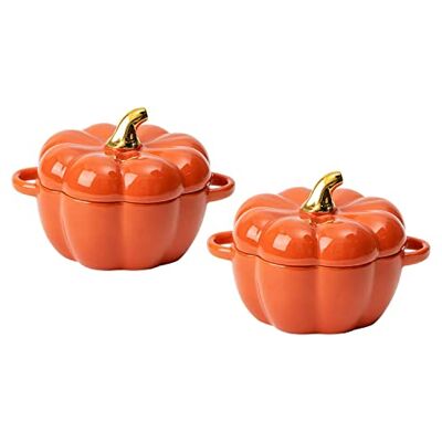FYUEROPA Pumpkin Bowl Set with Lid and Handle, Set of 2 Ceramic Ramekins for Baking, Casserole Dish Individual Severing Pot, Stoneware, Oven Safe, 14 Oz (Orange) FYUEROPA Pumpkin Bowl Set with Lid and Handle, Set of 2 Ceramic Ramekins for Baking, Casserole Dish Individual Severing Pot, Stoneware, Oven Safe, 14 Oz (Orange)