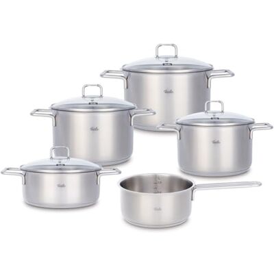 Fissler GmbH Fissler SatiTherm Stainless Steel Saucepan Set 5 Pieces Made in Germany, Satin 18/10 Stainless Steel, Glass Lid, Superthermic Base, Measuring Scale, Induction Fissler GmbH Fissler SatiTherm Stainless Steel Saucepan Set 5 Pieces Made in Germany, Satin 18/10 Stainless Steel, Glass Lid, Superthermic Base, Measuring Scale, Induction