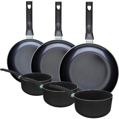 Fackelmann 9431050 Set of 3 Frying Pans 20, 24 and 28 cm and 3 Saucepans 16 18 and 20 cm Non-Stick Ceramic Coating PFAS Free All Heat Sources Induction Oven Aluminium Black Green 16, 18 and 20 cm Fackelmann 9431050 Set of 3 Frying Pans 20, 24 and 28 cm and 3 Saucepans 16 18 and 20 cm Non-Stick Ceramic Coating PFAS Free All Heat Sources Induction Oven Aluminium Black Green 16, 18 and 20 cm