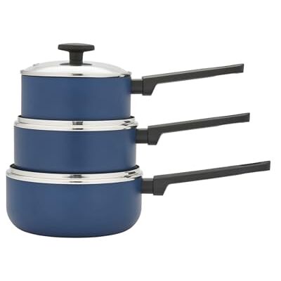 Morphy Richards 3-Piece Saucepan Set, Recycled Aluminium, 16cm, 18cm & 20cm Saucepans, Non Stick Coating, Soft Touch Handles, Suitable for All Hobs, Blue, 859001 Morphy Richards 3-Piece Saucepan Set, Recycled Aluminium, 16cm, 18cm & 20cm Saucepans, Non Stick Coating, Soft Touch Handles, Suitable for All Hobs, Blue, 859001