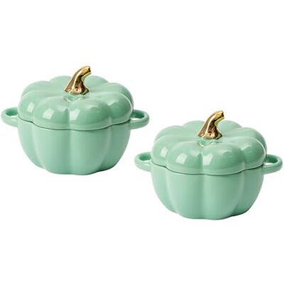 FYUEROPA Pumpkin Bowl Set with Lid and Handle, Set of 2 Ceramic Ramekins for Baking, Casserole Dish Individual Severing Pot, Stoneware, Oven Safe, 14 Oz (Green) FYUEROPA Pumpkin Bowl Set with Lid and Handle, Set of 2 Ceramic Ramekins for Baking, Casserole Dish Individual Severing Pot, Stoneware, Oven Safe, 14 Oz (Green)