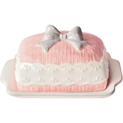 NASSMOSSE Butter Dish with Lid, Cute Knit Bow Patterns Ceramic Butter Tray with Handle Microwave & Dishwasher Safe for Kitchen Home Cafe, 7.5x4.5x4.9 Inch NASSMOSSE Butter Dish with Lid, Cute Knit Bow Patterns Ceramic Butter Tray with Handle Microwave & Dishwasher Safe for Kitchen Home Cafe, 7.5x4.5x4.9 Inch