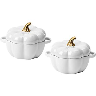 FYUEROPA Pumpkin Bowl Set with Lid and Handle, Set of 2 Ceramic Ramekins for Baking, Casserole Dish Individual Severing Pot, Stoneware, Oven Safe, 14 Oz (White) FYUEROPA Pumpkin Bowl Set with Lid and Handle, Set of 2 Ceramic Ramekins for Baking, Casserole Dish Individual Severing Pot, Stoneware, Oven Safe, 14 Oz (White)