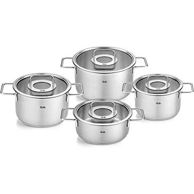 Fissler Pure Collection 4-Piece Stainless Steel Saucepan Set with Glass Lid (3 Saucepans and 1 Stewing Pot) Induction Fissler Pure Collection 4-Piece Stainless Steel Saucepan Set with Glass Lid (3 Saucepans and 1 Stewing Pot) Induction