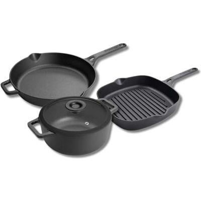 Prestige Cast Iron Cookware Set – 3 Piece, 22cm Frying Pan, 25cm Grill Pan, 24cm Casserole Dish, Pre-Seasoned, Non-Toxic, Induction & Oven Safe, Easy Clean Prestige Cast Iron Cookware Set – 3 Piece, 22cm Frying Pan, 25cm Grill Pan, 24cm Casserole Dish, Pre-Seasoned, Non-Toxic, Induction & Oven Safe, Easy Clean