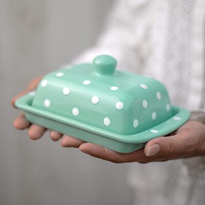 City to Cottage Large Butter Dish with Lid for Countertop, Ceramic Butter Keeper, Butter Container with Knob Handle, Butter Holder Tray with Cover, Handcrafted Turquoise Blue Polka Dot Butter Dish City to Cottage Large Butter Dish with Lid for Countertop, Ceramic Butter Keeper, Butter Container with Knob Handle, Butter Holder Tray with Cover, Handcrafted Turquoise Blue Polka Dot Butter Dish