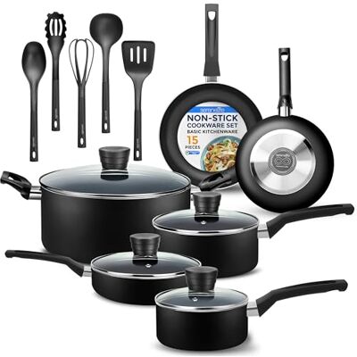 SereneLife 15-Piece Nonstick Kitchen Cookware Set PTFE/PFOA/PFOS Free Heat Resistant Lacquer Kitchen Ware Pots Pan Set w/Bakelite Handles, Saucepan, Frying Pans, See-Through Lid SereneLife 15-Piece Nonstick Kitchen Cookware Set PTFE/PFOA/PFOS Free Heat Resistant Lacquer Kitchen Ware Pots Pan Set w/Bakelite Handles, Saucepan, Frying Pans, See-Through Lid