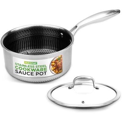 Nutrichef Stainless Steel Sauce Pan with Lid 1.9L, Non-Stick Etched Honeycomb Coating, Triply Saucepan, Ceramic Pot Surface, Scratch-Resistant, Glass Cover, 16 cm Sauce Pot for All Hobs Nutrichef Stainless Steel Sauce Pan with Lid 1.9L, Non-Stick Etched Honeycomb Coating, Triply Saucepan, Ceramic Pot Surface, Scratch-Resistant, Glass Cover, 16 cm Sauce Pot for All Hobs