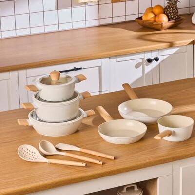 KARACA 12-Piece Ceramic Cookware Set with Lids & Utensils, Swiss Crystal Ceramic Kitchen Pots and Pans Sets Non Stick, Induction Compatible, Almond Cream KARACA 12-Piece Ceramic Cookware Set with Lids & Utensils, Swiss Crystal Ceramic Kitchen Pots and Pans Sets Non Stick, Induction Compatible, Almond Cream