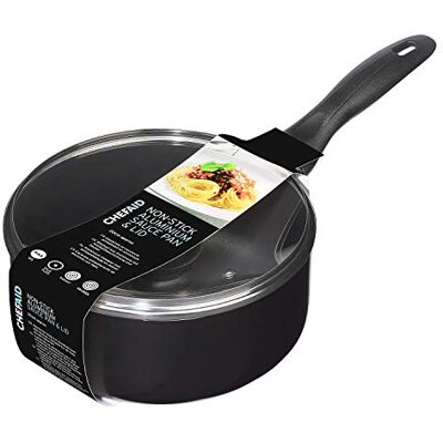 Chef Aid Sauce Pan, 20 cm Aluminium Pan with Glass Lid and Stay Cool Handle, Built in Ventilation Steam Vent, for Use On Electric and Ceramic Hobs, Black Chef Aid Sauce Pan, 20 cm Aluminium Pan with Glass Lid and Stay Cool Handle, Built in Ventilation Steam Vent, for Use On Electric and Ceramic Hobs, Black