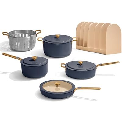 Our Place Essential Cookware Set – 11-Piece Ceramic Nonstick Set with 25cm Frypan, Saucepan, Saute Pan, Stock Pot, Storage Racks and Strainer with Thermakind™ Oven Safe up to 230°C Blue Salt Our Place Essential Cookware Set – 11-Piece Ceramic Nonstick Set with 25cm Frypan, Saucepan, Saute Pan, Stock Pot, Storage Racks and Strainer with Thermakind™ Oven Safe up to 230°C Blue Salt