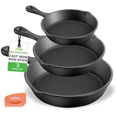 Nutrichef Cast Iron Pan Set 3 Piece Skillets Pre-Seasoned – 15cm 20cm 25cm for Frying, Steak, Baking & Searing, Oven Safe, Induction Gas Electric Ceramic Hob Compatible, Black Nutrichef Cast Iron Pan Set 3 Piece Skillets Pre-Seasoned – 15cm 20cm 25cm for Frying, Steak, Baking & Searing, Oven Safe, Induction Gas Electric Ceramic Hob Compatible, Black