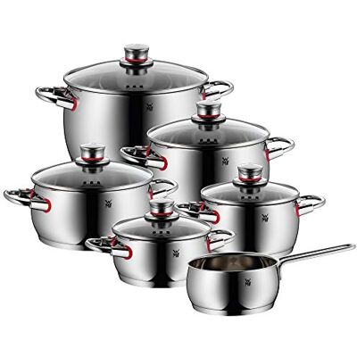 WMF 774066380 Quality One Set of 6 Polished Cromargan Stainless Steel Saucepans with Glass Lid, Suitable for Induction, Steam Opening, Uncoated WMF 774066380 Quality One Set of 6 Polished Cromargan Stainless Steel Saucepans with Glass Lid, Suitable for Induction, Steam Opening, Uncoated