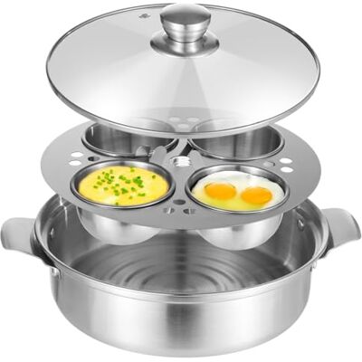 SWEWARM Stainless Steel Egg Poacher Pan with 4 Cups, Double-Layer Steamer Pot for Stove or Induction, 9.4×2.6 in SWEWARM Stainless Steel Egg Poacher Pan with 4 Cups, Double-Layer Steamer Pot for Stove or Induction, 9.4×2.6 in