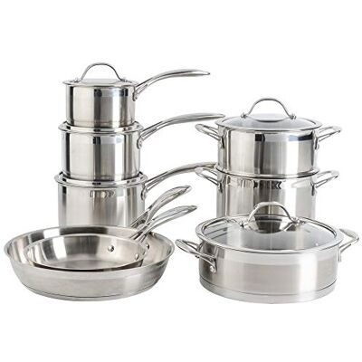 ProCook Professional Stainless Steel Cookware Set Uncoated Induction & Oven Safe Pans Cooking Pots 8 Piece,14/16/18cm Saucepans, 20/28cm Frying Pans, 20cm Stockpot & Steamer, 24cm Сasserole Dish ProCook Professional Stainless Steel Cookware Set Uncoated Induction & Oven Safe Pans Cooking Pots 8 Piece,14/16/18cm Saucepans, 20/28cm Frying Pans, 20cm Stockpot & Steamer, 24cm Сasserole Dish