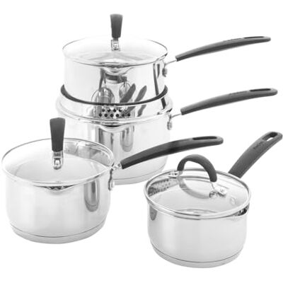 ProCook Gourmet Stainless Steel Saucepan Set with Stay Cool Handles Uncoated Induction & Dishwasher Safe Cookware 4 Piece, 14/16/18/20 cm ProCook Gourmet Stainless Steel Saucepan Set with Stay Cool Handles Uncoated Induction & Dishwasher Safe Cookware 4 Piece, 14/16/18/20 cm