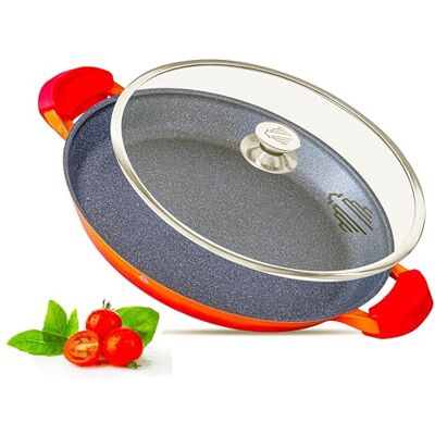 INTIGNIS Paella Pan with Glass Lid 36cm Orange Ceramic Non Stick Induction Pan INTIGNIS Paella Pan with Glass Lid 36cm Orange Ceramic Non Stick Induction Pan