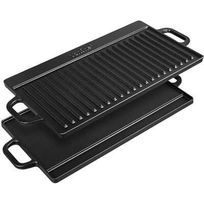 VonShef Reversible Griddle Pan, Pre-Seasoned Non-Stick Cast Iron BBQ Griddle with Handles, Oven Safe Flat Pan for All Hob Types VonShef Reversible Griddle Pan, Pre-Seasoned Non-Stick Cast Iron BBQ Griddle with Handles, Oven Safe Flat Pan for All Hob Types