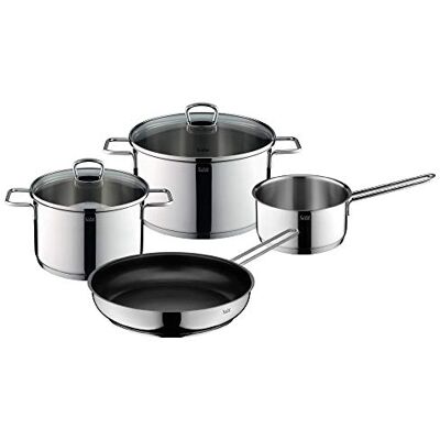 Silit Alicante 4-Piece Induction Saucepan Set, Saucepan Set with Glass Lid, Polished Stainless Steel, Induction Pots Set, Uncoated Silit Alicante 4-Piece Induction Saucepan Set, Saucepan Set with Glass Lid, Polished Stainless Steel, Induction Pots Set, Uncoated