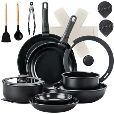 ROVSUN 23 Pcs Nonstick Pots and Pans Set, Cast Aluminum Kitchen Cookware Set with Detachable Handles, RV Kitchen Cooking Set and Utensils, Dishwasher Safe, PFAS PFOA & PFOS Free, Black ROVSUN 23 Pcs Nonstick Pots and Pans Set, Cast Aluminum Kitchen Cookware Set with Detachable Handles, RV Kitchen Cooking Set and Utensils, Dishwasher Safe, PFAS PFOA & PFOS Free, Black