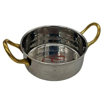 C&S Homestore Stainless Steel Hammered Mini Traditional Kadai/Balti Serving Dish with Brass Handles 11cm x 4cm C&S Homestore Stainless Steel Hammered Mini Traditional Kadai/Balti Serving Dish with Brass Handles 11cm x 4cm