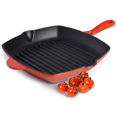 ProCook Red Cast Iron Square Griddle Pan Enamel Coated Professional Heavy Grill Saute Fry Pan Induction Hob Compatible Cookware 26 x 26 x 4 cm ProCook Red Cast Iron Square Griddle Pan Enamel Coated Professional Heavy Grill Saute Fry Pan Induction Hob Compatible Cookware 26 x 26 x 4 cm