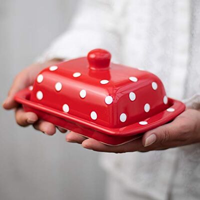 City to Cottage Large Butter Dish with Lid for Countertop, Ceramic Butter Keeper, Butter Container with Knob Handle, Butter Holder Tray with Cover, Handcrafted Red Polka Dot Butter Dish City to Cottage Large Butter Dish with Lid for Countertop, Ceramic Butter Keeper, Butter Container with Knob Handle, Butter Holder Tray with Cover, Handcrafted Red Polka Dot Butter Dish