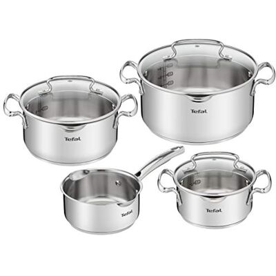 Tefal Duetto Set 7 Pieces: 3 Cooking Pots 16/20/24 cm, 1 Saucepan 16 cm, 3 Lids, Stainless Steel, 3 Glass Lids, Measurement Marks, All Types of Cookers, Oven and Dishwasher Safe Tefal Duetto Set 7 Pieces: 3 Cooking Pots 16/20/24 cm, 1 Saucepan 16 cm, 3 Lids, Stainless Steel, 3 Glass Lids, Measurement Marks, All Types of Cookers, Oven and Dishwasher Safe