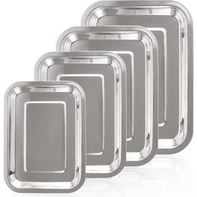 ASelected Bake Tray Set of 4 Essentials Stainless Steel Baking and Roasting Pan Set, 4 Different Sizes, Dishwasher Safe and Easy Clean, Silver ASelected Bake Tray Set of 4 Essentials Stainless Steel Baking and Roasting Pan Set, 4 Different Sizes, Dishwasher Safe and Easy Clean, Silver