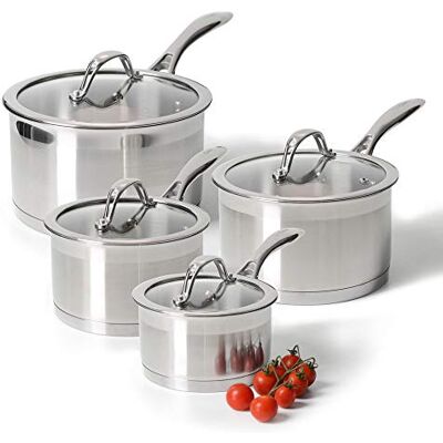 ProCook Professional Stainless Steel Saucepan Set with Glass Lids 4 Piece, 14/16/18/20 cm, 1.2/1.9/2.6/3.6 L Uncoated Induction Compatible Pans, Dishwasher & Oven Safe Cookware 25 Year Guarantee ProCook Professional Stainless Steel Saucepan Set with Glass Lids 4 Piece, 14/16/18/20 cm, 1.2/1.9/2.6/3.6 L Uncoated Induction Compatible Pans, Dishwasher & Oven Safe Cookware 25 Year Guarantee