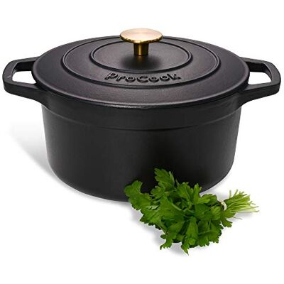 ProCook Black Cast Iron Round Casserole Dish with Self Basting Lid Enamel Coated Induction Compatible Modern Classic Cookware 24cm / 4.7L ProCook Black Cast Iron Round Casserole Dish with Self Basting Lid Enamel Coated Induction Compatible Modern Classic Cookware 24cm / 4.7L
