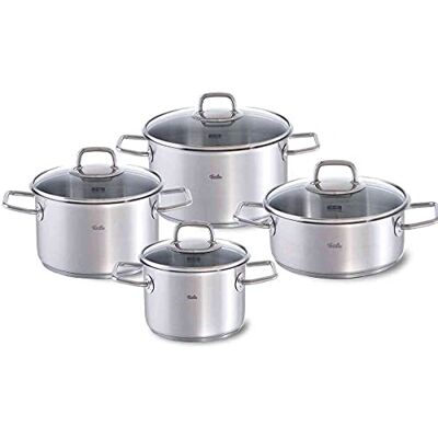 Fissler Viseo/Stainless Steel 4-Piece Saucepan Set, Saucepan Set, Pots with Glass Lid, Induction, All Hobs (3 Saucepans and 1 Stewing Pot) Fissler Viseo/Stainless Steel 4-Piece Saucepan Set, Saucepan Set, Pots with Glass Lid, Induction, All Hobs (3 Saucepans and 1 Stewing Pot)
