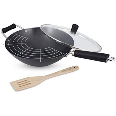Ken Hom Carbon Steel Wok Set, 31cm, Includes Non Stick Wok, Lid, Tempura Rack, Spatula, Excellence, Induction Hobs/Metal Tool Safe/Phenolic Handle, Dishwasher Safe Ken Hom Carbon Steel Wok Set, 31cm, Includes Non Stick Wok, Lid, Tempura Rack, Spatula, Excellence, Induction Hobs/Metal Tool Safe/Phenolic Handle, Dishwasher Safe