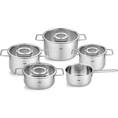 Fissler Pure Collection 5-Piece Stainless Steel Saucepan Set with Glass Lids (3 Saucepans, 1 Stewing Pan 1 Saucepan) Induction Fissler Pure Collection 5-Piece Stainless Steel Saucepan Set with Glass Lids (3 Saucepans, 1 Stewing Pan 1 Saucepan) Induction