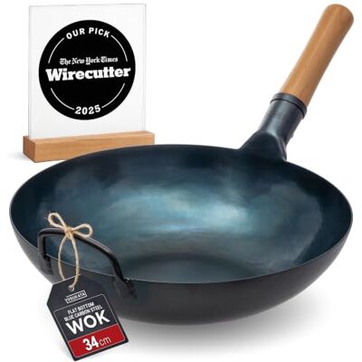 YOSUKATA 34 cm Pre-Seasoned Flat Bottom Blue Carbon Steel Wok for Stir Fry Compatible with open fire, gas, electric, ceramic, induction cooktops -Traditional Chinese Pan for BBQ, Grill, Camping YOSUKATA 34 cm Pre-Seasoned Flat Bottom Blue Carbon Steel Wok for Stir Fry Compatible with open fire, gas, electric, ceramic, induction cooktops -Traditional Chinese Pan for BBQ, Grill, Camping