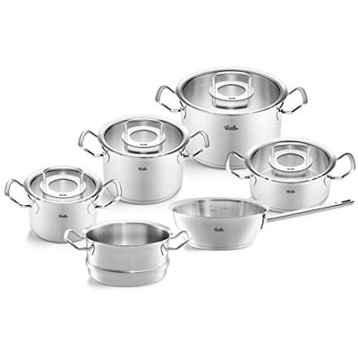 Fissler Original Profi Collection 6-Piece Stainless Steel Saucepan Set with Glass Lids (3 Saucepans, 1 Stewing Pan 1 Sauteuse Lidless and 1 Steamer Insert) Induction, Silver Fissler Original Profi Collection 6-Piece Stainless Steel Saucepan Set with Glass Lids (3 Saucepans, 1 Stewing Pan 1 Sauteuse Lidless and 1 Steamer Insert) Induction, Silver