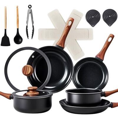 ROVSUN 17 Pcs Nonstick Pots and Pans Set, Cast Aluminum Kitchen Cookware Set, RV Kitchen Cooking Set and Utensils, Dishwasher Safe, PFAS PFOA & PFOS Free, Black ROVSUN 17 Pcs Nonstick Pots and Pans Set, Cast Aluminum Kitchen Cookware Set, RV Kitchen Cooking Set and Utensils, Dishwasher Safe, PFAS PFOA & PFOS Free, Black