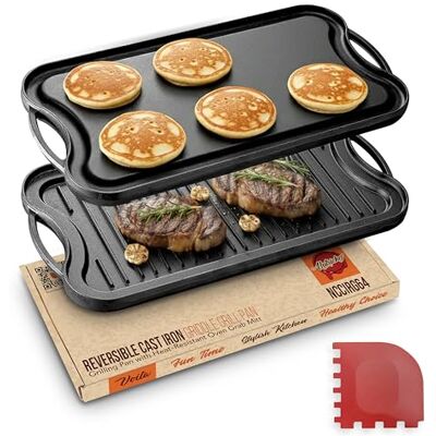 Nutrichef Reversible Cast Iron Griddle Pan – 51 x 26cm, Non-Stick Flat and Ridged Grill Pan for Hob/Oven/BBQ, Induction and Gas Safe, PFOA & PFOS Free, Includes Scraper- Black Nutrichef Reversible Cast Iron Griddle Pan – 51 x 26cm, Non-Stick Flat and Ridged Grill Pan for Hob/Oven/BBQ, Induction and Gas Safe, PFOA & PFOS Free, Includes Scraper- Black