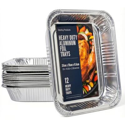 STERLING PRODUCTS Sterling Heavy Duty Aluminium Foil Trays 33cm Premium Disposable Deep Oven Baking & Roasting Pans Pack of 12, Silver STERLING PRODUCTS Sterling Heavy Duty Aluminium Foil Trays 33cm Premium Disposable Deep Oven Baking & Roasting Pans Pack of 12, Silver