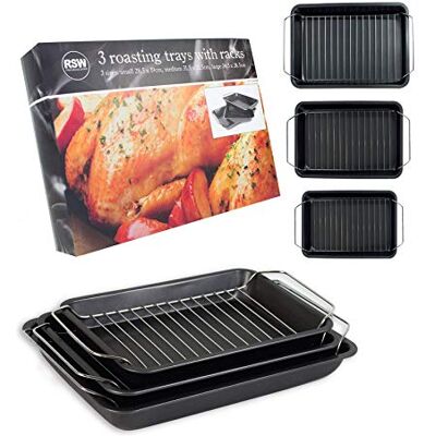 elitezotec Set of 3 Roasting Baking Tin Trays & Racks Cooking Oven Dish Bakeware Non Stick elitezotec Set of 3 Roasting Baking Tin Trays & Racks Cooking Oven Dish Bakeware Non Stick