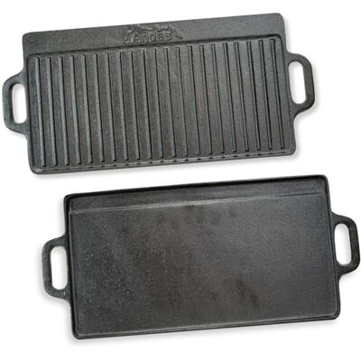 Andes Double Sided Cast Iron Griddle Plate with Handles, Ribbed Grill Pan/BBQ Skillet for Camping, 50 x 23cm Andes Double Sided Cast Iron Griddle Plate with Handles, Ribbed Grill Pan/BBQ Skillet for Camping, 50 x 23cm