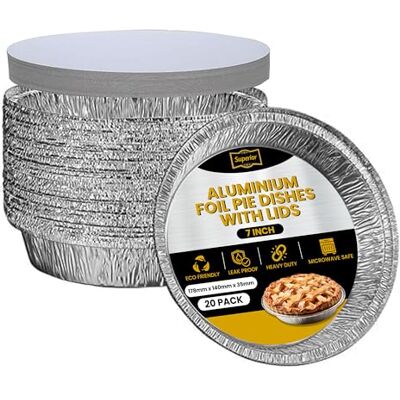 Superior Foil Pie Dishes 7 inch Round – Pack of 20 Foil Pie Cases with Lids – Durable Oven Freezer Safe Disposable Round Aluminium Foil Flan Dishes for Baking Storage Takeaway Superior Foil Pie Dishes 7 inch Round – Pack of 20 Foil Pie Cases with Lids – Durable Oven Freezer Safe Disposable Round Aluminium Foil Flan Dishes for Baking Storage Takeaway