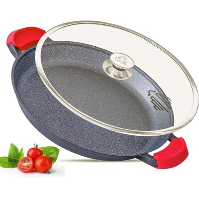 INTIGNIS Paella Pan with Glass Lid 36cm Black Ceramic Non Stick Induction Pan INTIGNIS Paella Pan with Glass Lid 36cm Black Ceramic Non Stick Induction Pan